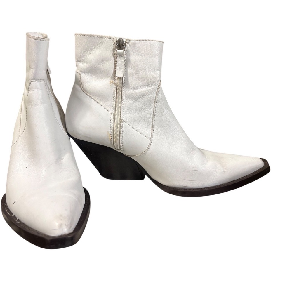 Zara White Leather Western Ankle Boots Pointed Toe Side Zip Womens EU 39